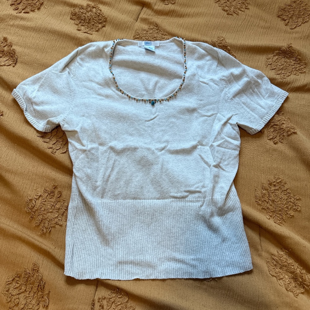 Tan Beaded Blouse with elastic waist and ruffled sleeve hem